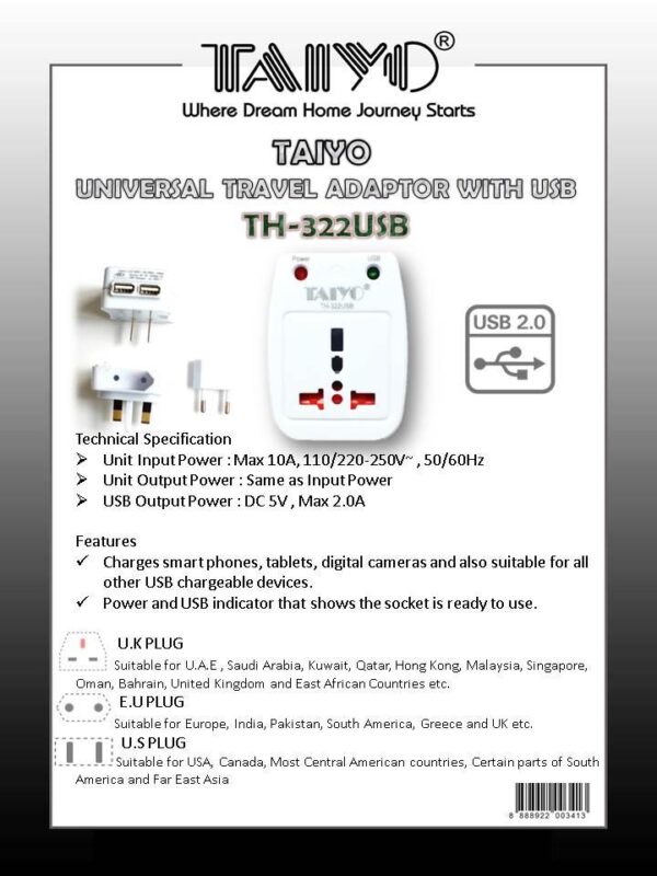 Taiyo Universal Travel Adaptor with 2 USB TH-322USB - Image 2